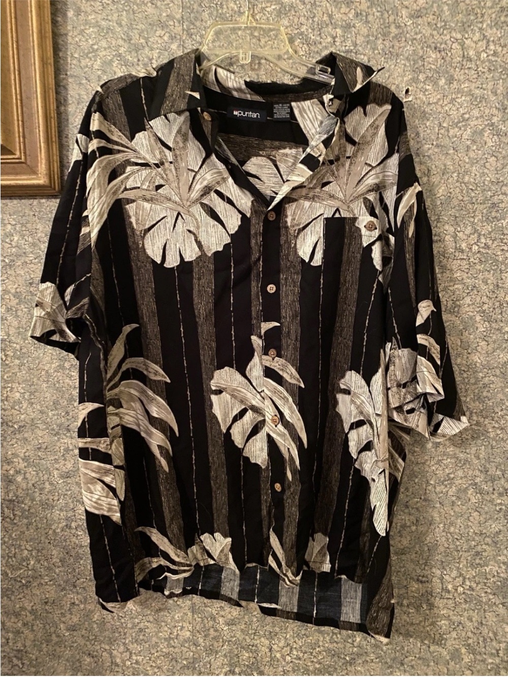Monstera Leaf Hawaiian Tropical Button Down Short Sleeve Shirt XL Viscose Black